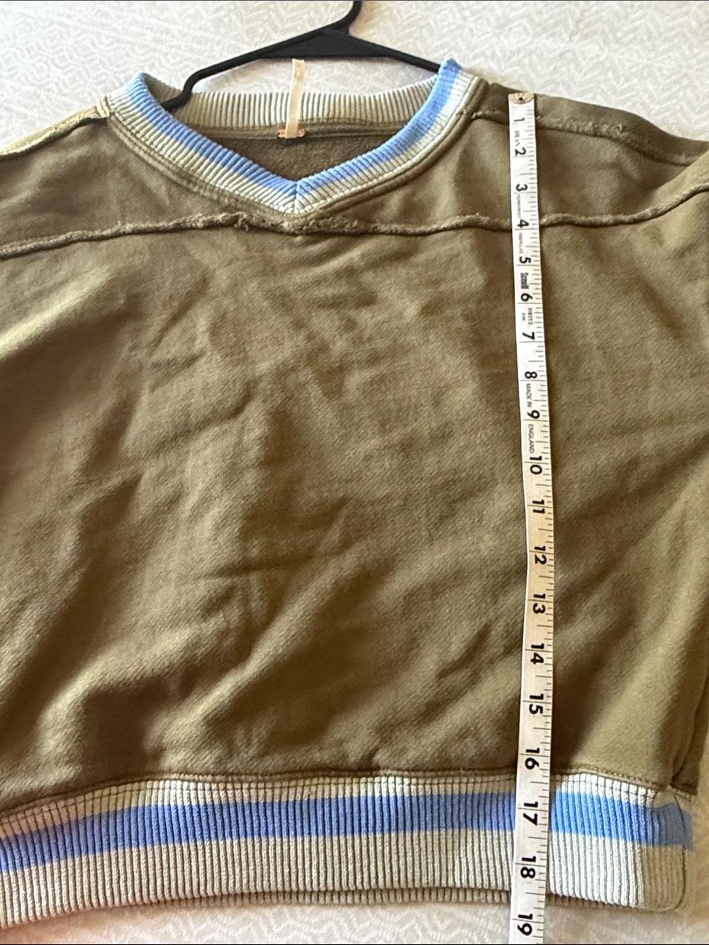 Free People rio sweater Olive Green V-Neck Sweatshirt with Blue-Trim - Picture 7 of 11